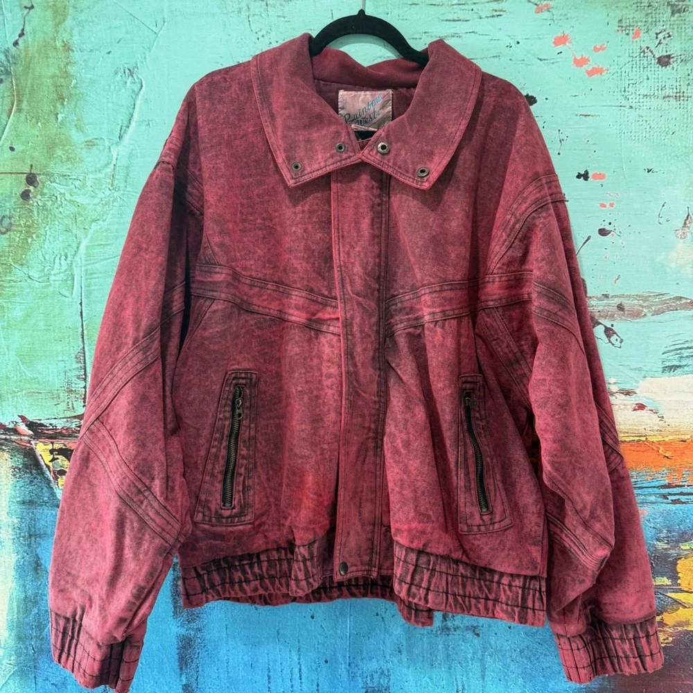 Vintage Rainbow West Acid Wash Cotton Bomber Jacket Burgundy Red XL Mens 80s 90s